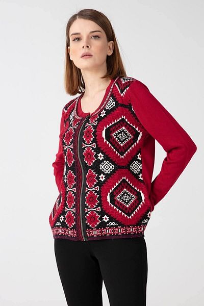 Desen Triko Women's Crew Neck Zippered Front Patterned Cardigan Red