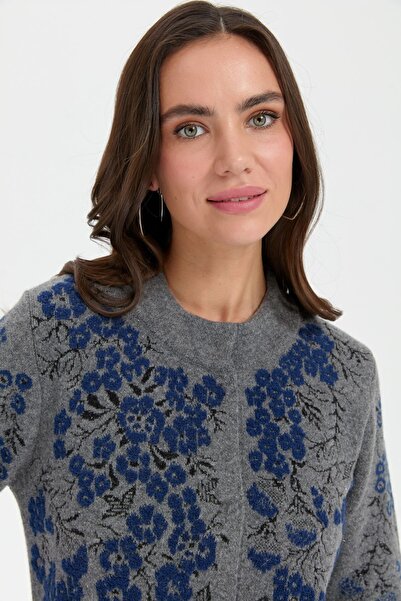 Desen Triko Smoke Colored Women's Woolen Jacket - Stand Collar and Puppy Flower Pattern