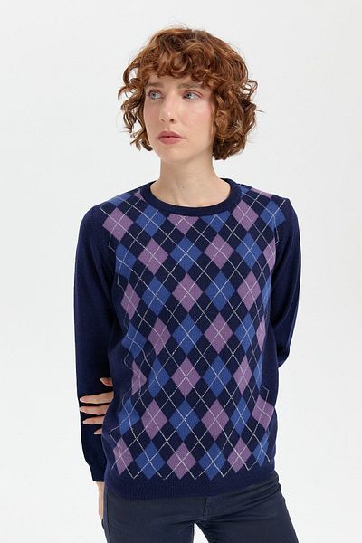 Desen Triko Navy Blue Women's Wool Sweater - Null Collar, Diamond Pattern