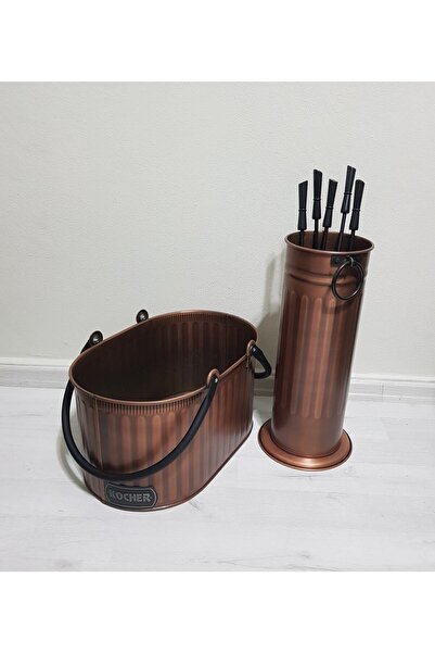 KOCHER Şömine Seti Antik Bakır Odun Kovası Sepeti Ve Maşa Seti