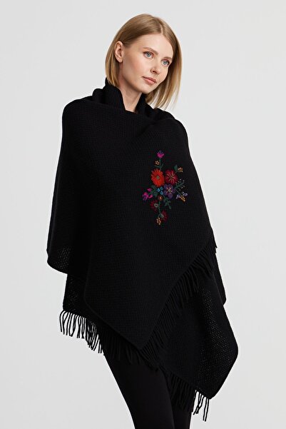 Desen Triko Women's Knitwear Rice Knit Embroidered Wool Shawl Black