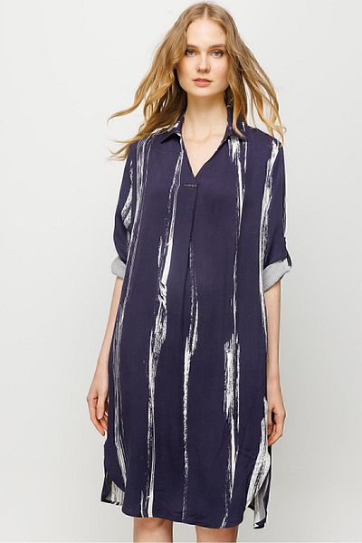Desen Triko Rochie De Damă Cu Motiv Guler Cămașă Albastru Marin