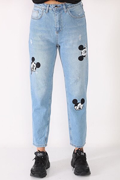 PodiumStar بنطال جينز نسائي أزرق عالي الخصر مطبوع عليه Boyfriend