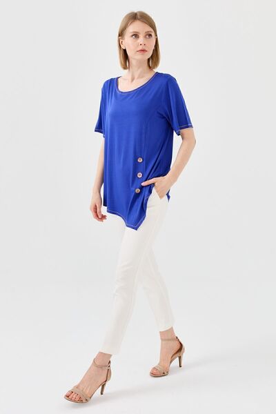 Desen Triko Γυναικείο μπλουζάκι με λαιμόκοψη με ξύλινο κουμπί μπροστά από βαμβακερό χτενισμένο βαμβάκι Saks