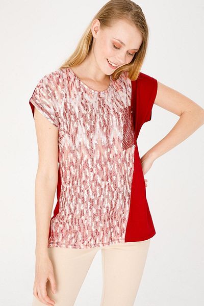 Desen Triko Women's Crew Neck Low Sleeve Mesh Pocket Combed Cotton Blouse Red