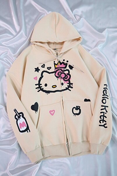 coolart Hello Kitty Oversize Hooded Cardigan - Beige, Winter Printed