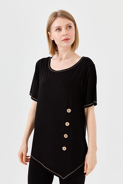 Desen Triko Tricou din bumbac pieptănat cu nasturi din lemn, cu gât în ​​față, negru