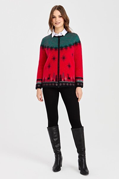 Desen Triko Women's Zero Collar New Year Patterned Cardigan S.Red