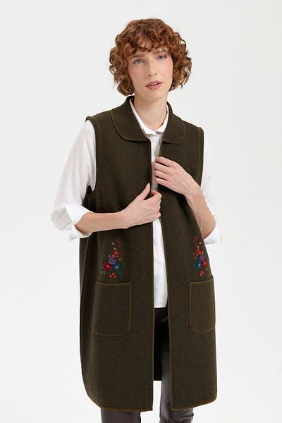Desen Triko Women's Polo Neck Open Front Embroidered Long Wool Vest A.Green