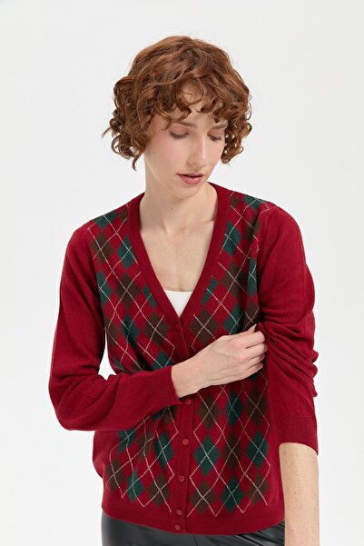 Desen Triko Red V-neck Baklaval Women's Cardigan