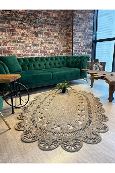 TurQhouse Dekoratif Jüt Hasır El Örgüsü Halı Kilim Oval-kahve(4)