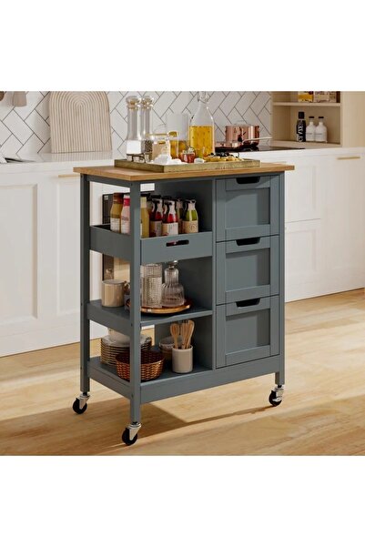 VARSTHREE 3 Çekmeceli ve 3 Depolama Raflı Tekerlekli Modern Mutfak Arabası