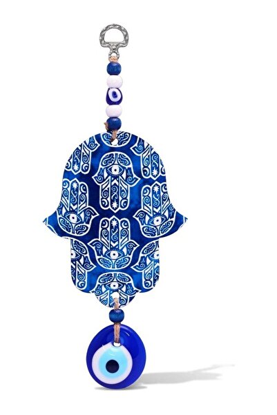 Ahşap Lazer Kesim Fatma Ana Eli (HAMSA) Cam Nazar Boncuğu Sallantılı Duvar Süsü 23x10cm