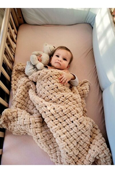 Gümüş Düğme Hasır El Örgüsü Anti Alerjik Bebek Battaniyesi 90 X 90 Cm
