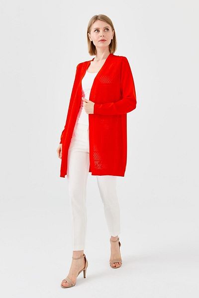 Desen Triko Women's Openwork Front Long Summer Cardigan Red