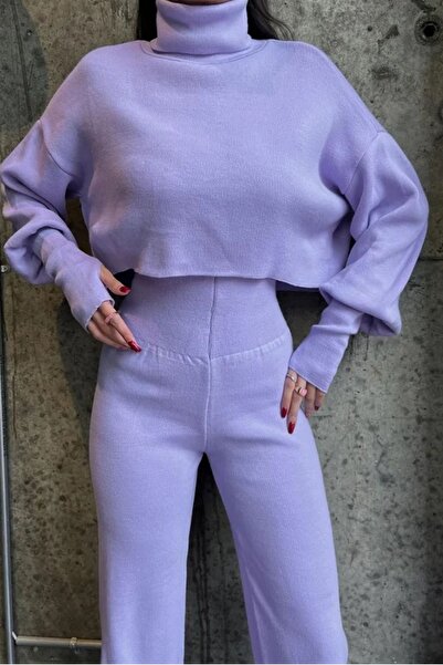 WOMAN VISION Lila kötött pulóver és magas derekú kötött nadrág - kézzel zárható garbó szett 015