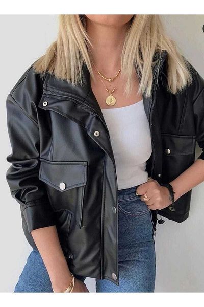 August Lederjacke mit seitlichem Rüschendetail - Übergröße