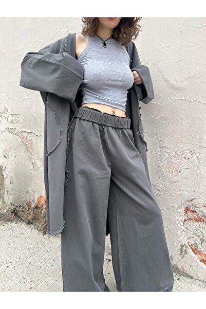 Ceycey Saçaklı Kimono Pantolon Takım (macun-mavi)