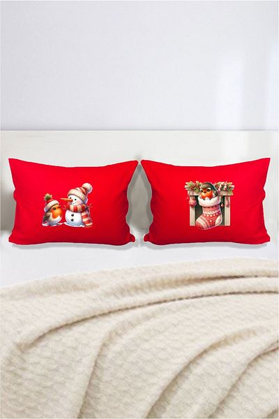 Hediyenza New Year Snowman and Bird Themed Double Decorative Pillow Case 50x70 Cm - Red