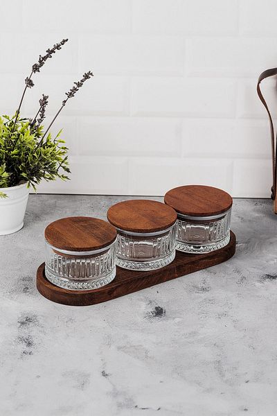 LUX ET AMOR Vella 4 Piece Tray Wooden Vacuumed Glass Breakfast Multi-Purpose Glass Snack Bowl with Lid 235 ml