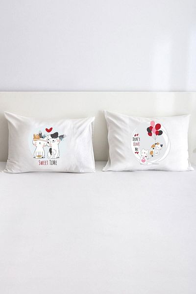 Hediyenza Cute Cats Double Decorative Pillow Case 50x70 Cm - White