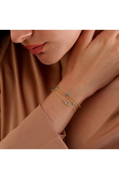 Queen Silver Jewelry 925 Ayar Gümüş, Nazar Boncuklu, 3 Zincirli Bileklik