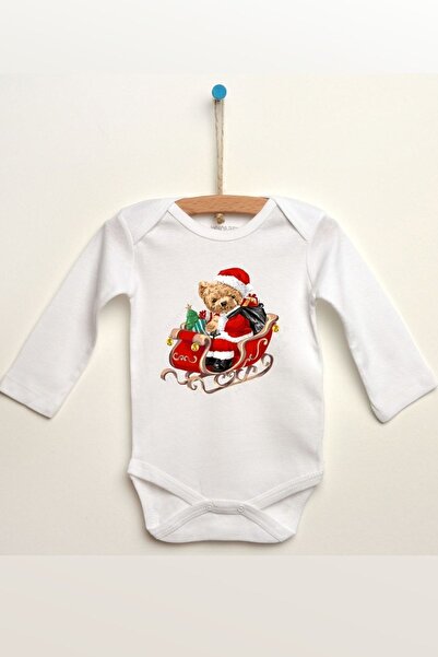Teddy Bear Christmas New Year Custom Design Printed Long Sleeve Cotton Baby Bodysuit & Snapsuit