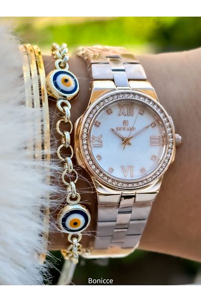 Reward Rose Colored Stone Detailed Women's Wristwatch - Steel Cord and Special Lock System