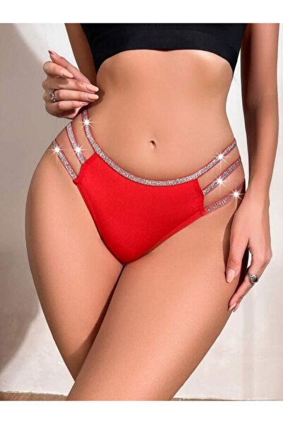 EF DK Kadın kırmızı üçgen yanları açık parlak iç şeritli seksi üçgen külot