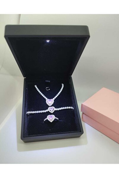 HKN AVM ACCESSORİES Işıklı Set Kutusunda 3 Lü Çelik Kolye Kalpli Yüzük Bileklik Su Yolu Seti Sevgililer Günü Hediyesi