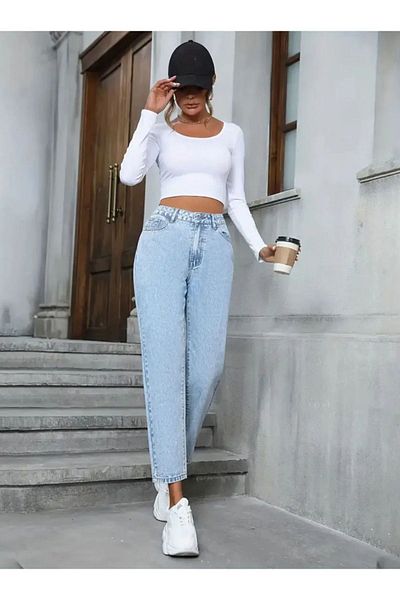 SHEVEGA Jean mom lycra cu talie înaltă, albastru gheață din anii 90