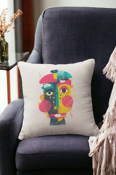 ÖZENEV Velvet 43x43 Cm Throw Pillow Case Decorative Soft Living Room Abstract Face
