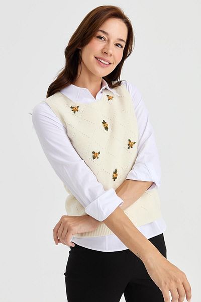 Desen Triko Women's Crew Neck Front Loose Linked Wool Sweater Bone