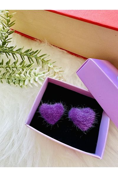 1PARÇAMAVİ Furry plush heart clip compression earrings - no pierced ear earrings