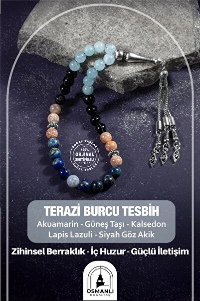 OSMANLI DOĞAL TAŞ Terazi Burcu Tesbih Akuamarin, Güneş Taşı, Kalsedon, Lapis Lazuli, Siyah Göz Akik