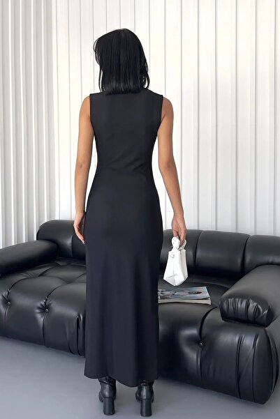bayansepeti Black Padded Sleeveless Slit Flexible Evening Dress - Stand Collar 21105