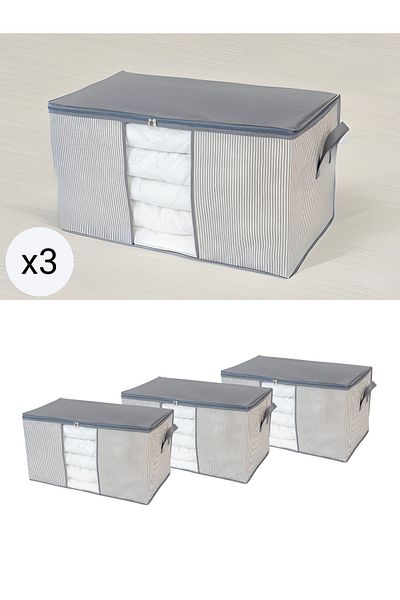 NACAREV 3 Pieces Mega Size Windowed Anthracite Line Patterned Pillow Quilt Organizer Storage Set 90X50X50 cm