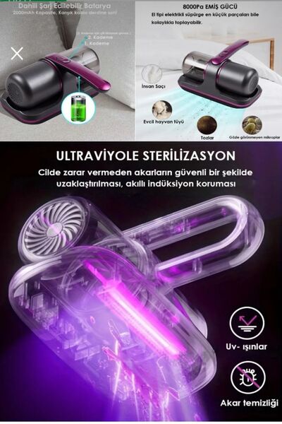 StyleArt Elektrikli Süpürge El Süpürgesi Elektrikli El Süpürgesi 8KPa Çarşaf Yastık Şarjlı UV-C Işınlı 100W