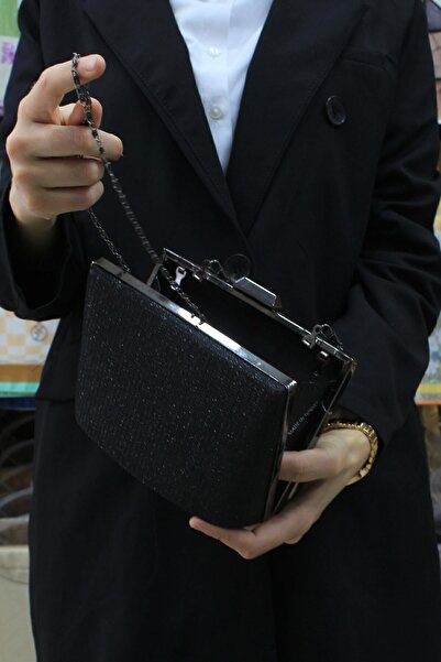 ROZA CANTA Kadın Siyah Simli Abiye , Clutch Gece Çantası