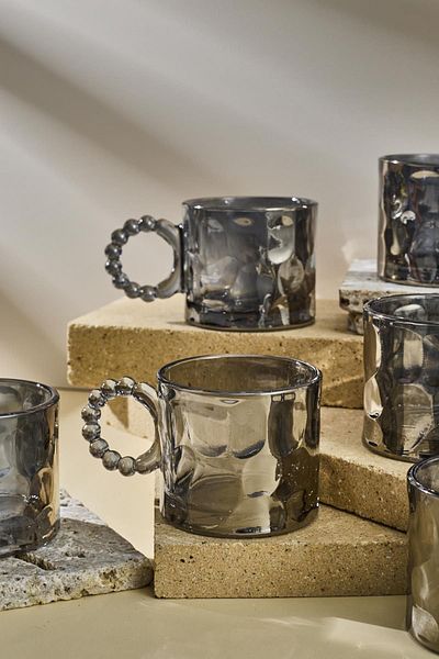 Perotti Ringo Stone Smoked 6-Piece Bead Handle 100ml Glass Cup Espresso and Turkish Coffee Cup