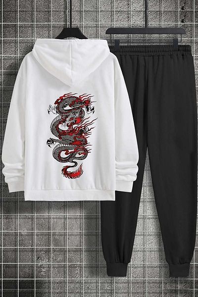 uyguntarz Σετ φόρμας Unisex με κουκούλα λευκό μπροστά πίσω Chinesebox printed