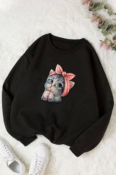 uyguntarz Unisex roztomilá kočičí mikina s potiskem s výstřihem
