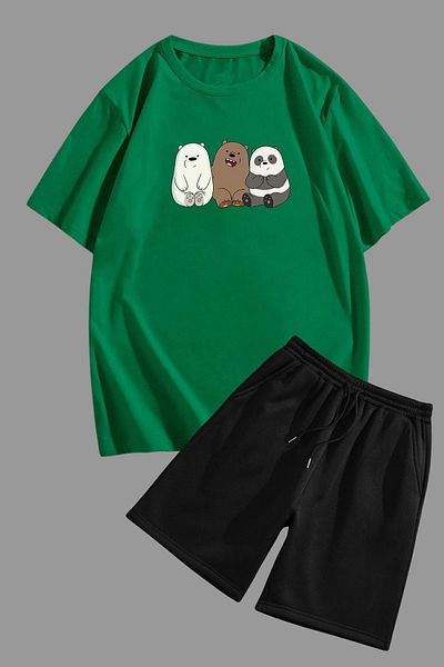 uyguntarz Unisex-Übergroßes Bären-Set – Shorts- und T-Shirt-Set
