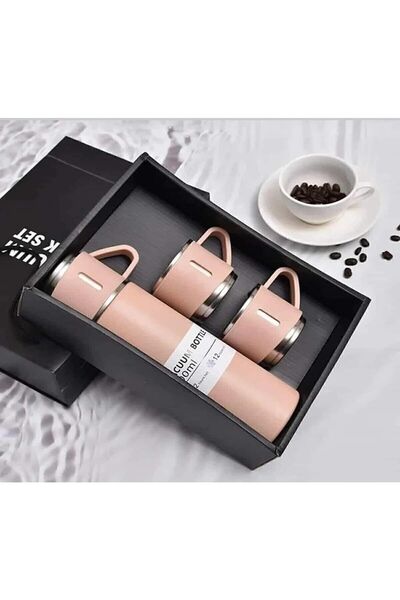 sheriffs Paslanmaz Çelik 3 Bardaklı Pembe Renk Termos Seti / Çay Kahve Piknik Kamp Ofis Seyehat