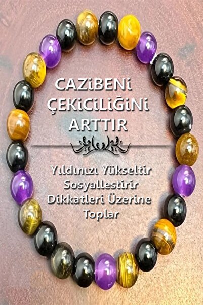 NehirTaş Certified Natural Stone Charm Bracelet 8 mm (Tiger Eye - Amethyst - ...