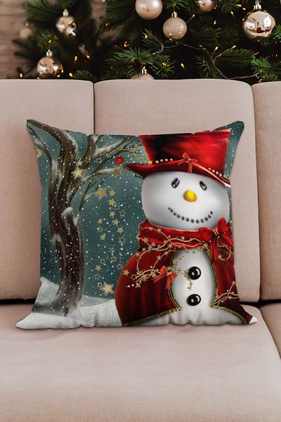 Sakallı New Year Themed Set of 2 Snowman and Santa Claus Patterned Red and White Digital Printing Throw Pillow Case Set