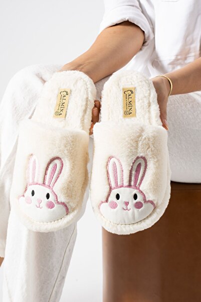 ALMİNA Γυναικείες παντόφλες για το σπίτι με βελούδινο κέντημα κουνελιού - Παντόφλες με σίγαση στο κάτω μέρος