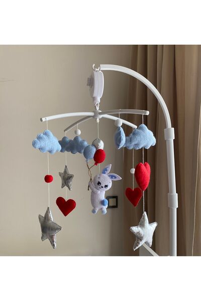 SefDen Lazer Kesim Atölyesi (Müzik - Aparat Dahil)Tavşan figürlü mavi gümüş el yapımı erkek bebek beşik dönencesi