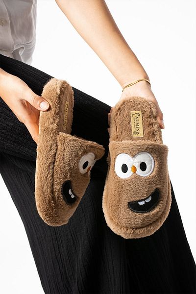 ALMİNA Fashion Smiling Face Plush Fluffy Women's Home Slippers - Silent Sole Dowry Slippers