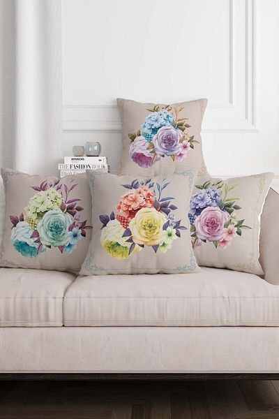 Sakallı Beige Background Blue Yellow Flower Patterned 4-Piece Combination Digital Printed Decorative Throw Pillow Cover